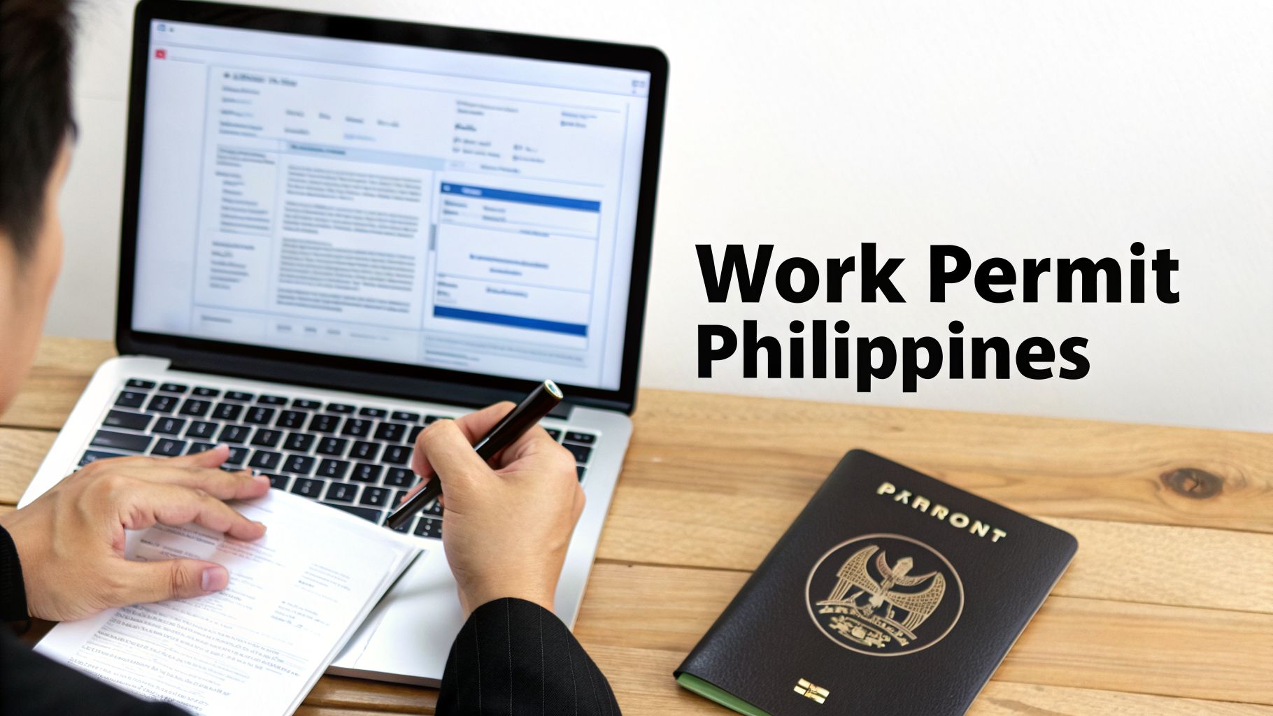 Person reviewing documents and using a laptop for a Work Permit Philippines application.