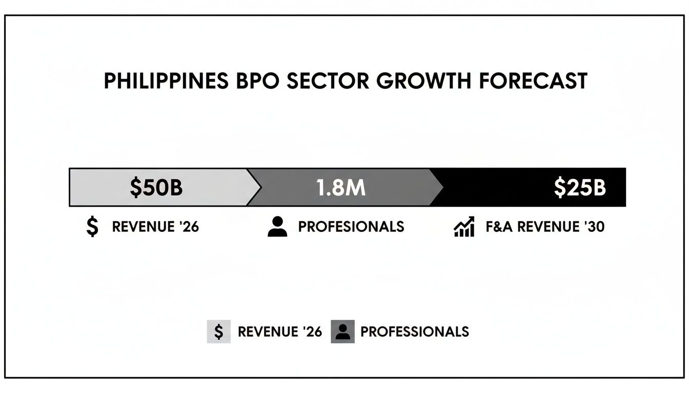Infographic showing Philippines BPO sector growth forecast with revenue and professional numbers for 2026 and 2030.