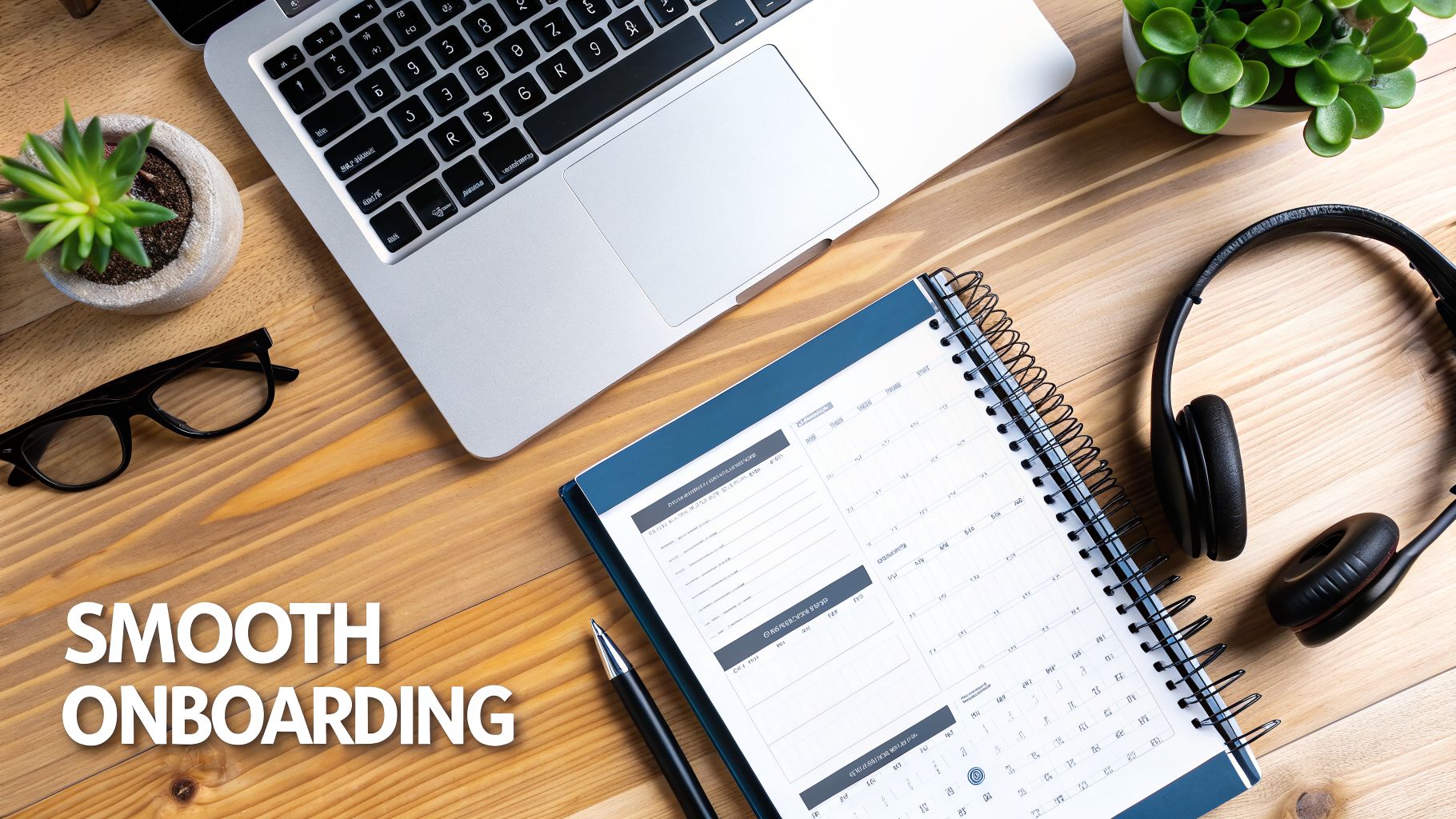 Overhead view of a modern office desk with a laptop, planner, headphones, glasses, plants, and 'SMOOTH ONBOARDING' text.