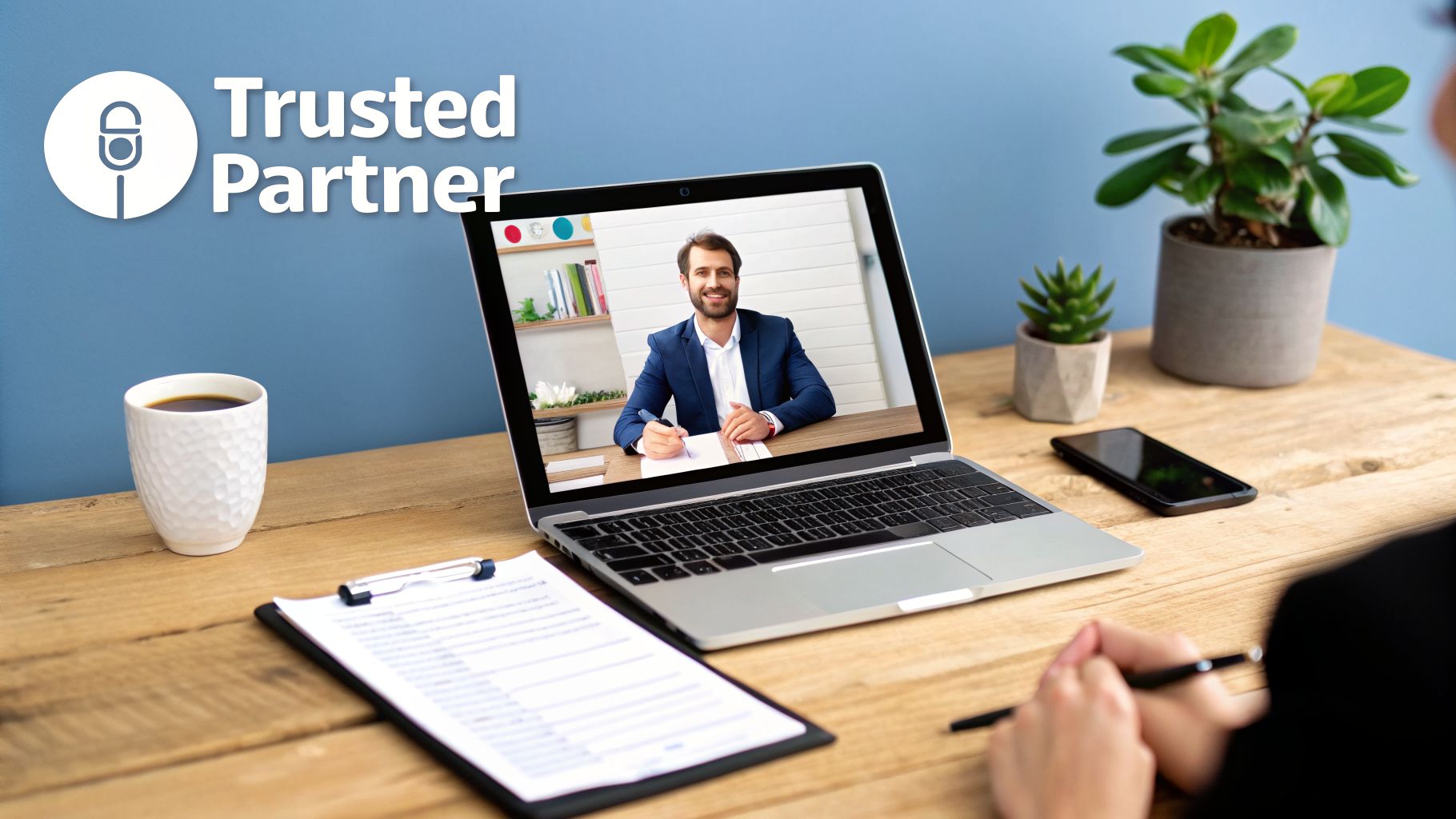 A person on a video call with a smiling man on a laptop, featuring a 'Trusted Partner' logo.