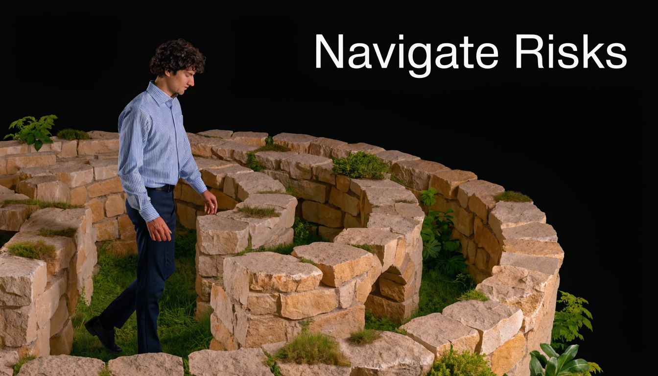 A businessman in a suit walking through a stone labyrinth on a black background.