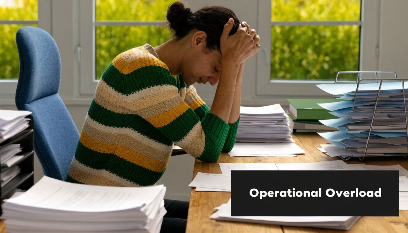 A stressed woman sitting at an office desk overwhelmed by a large stack of paper files.
