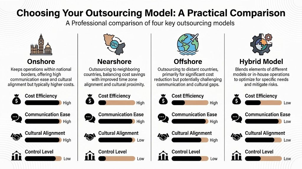 A comparison chart outlining the differences between onshore, nearshore, offshore, and hybrid outsourcing models for businesses.