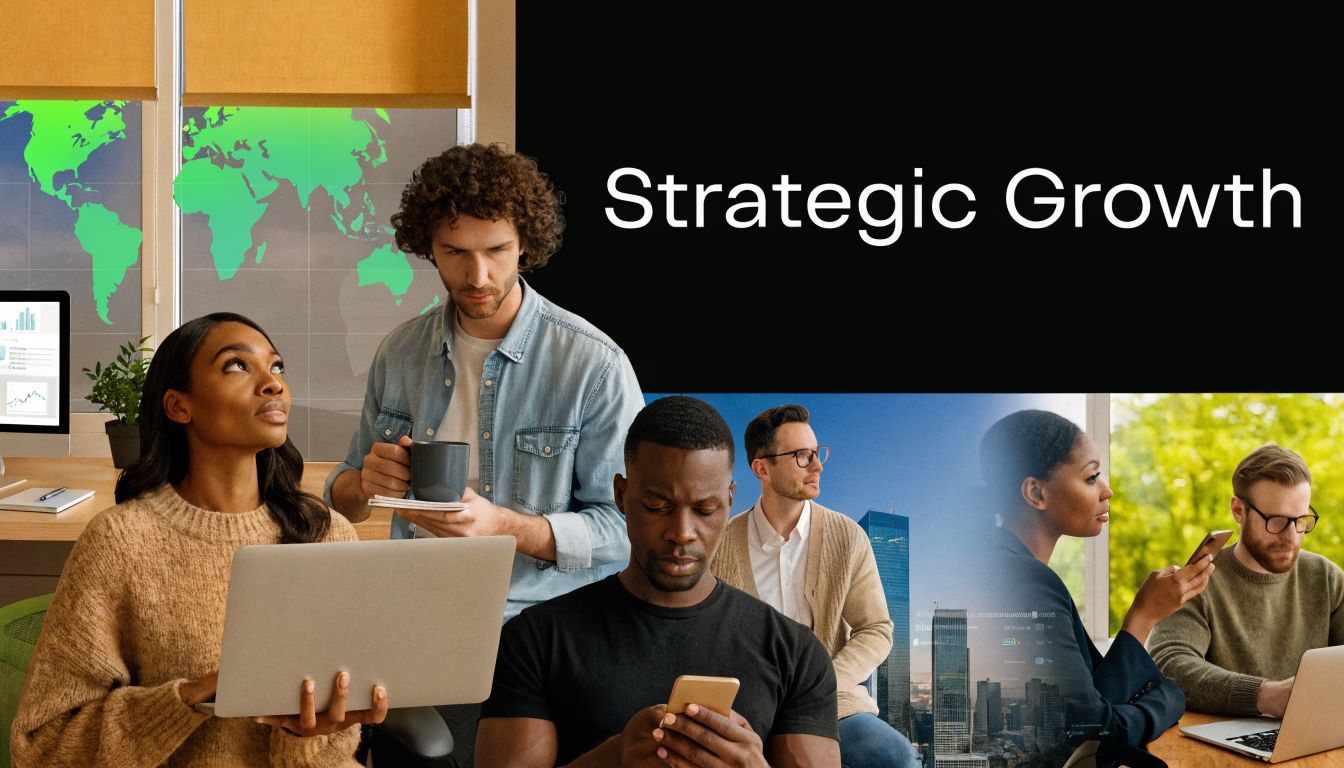 A diverse group of professionals working together in a modern office with global maps and cityscapes.