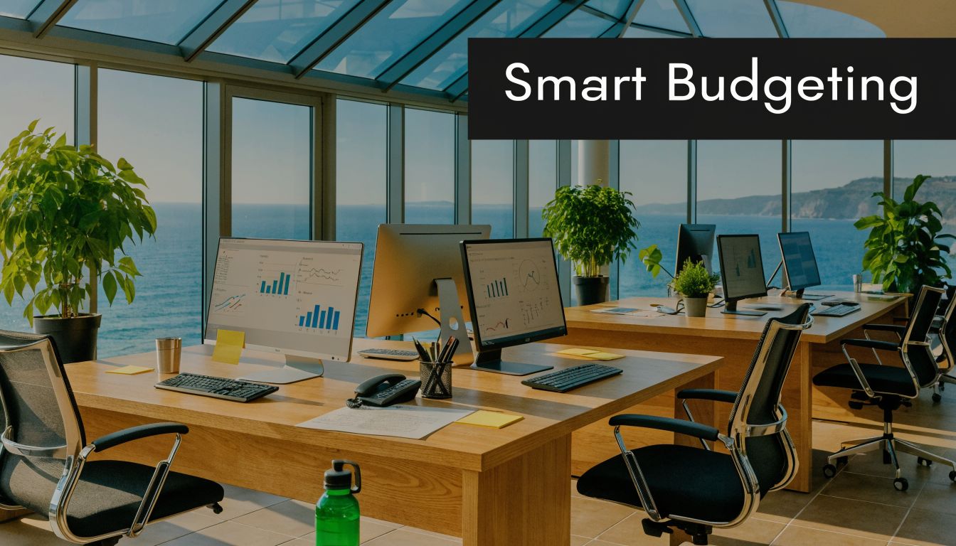 A modern, sunlit office workspace with ocean views, multiple computer monitors showing financial charts and data analysis.
