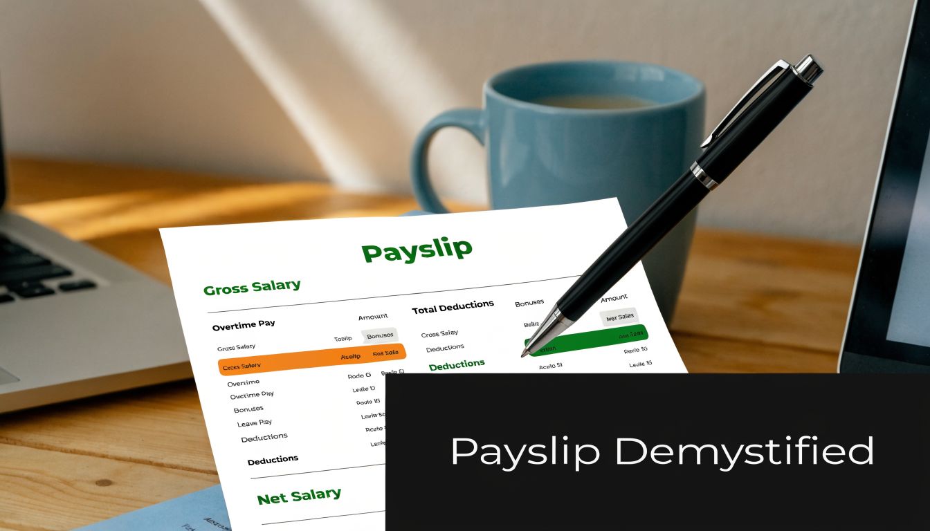 A document titled Payslip featuring gross salary, deductions, and net salary columns on a wooden desk.