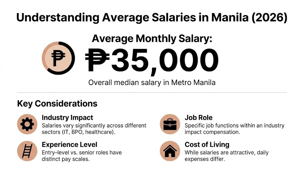 An infographic showing the 2026 average monthly salary in Metro Manila is 35,000 Philippine pesos.