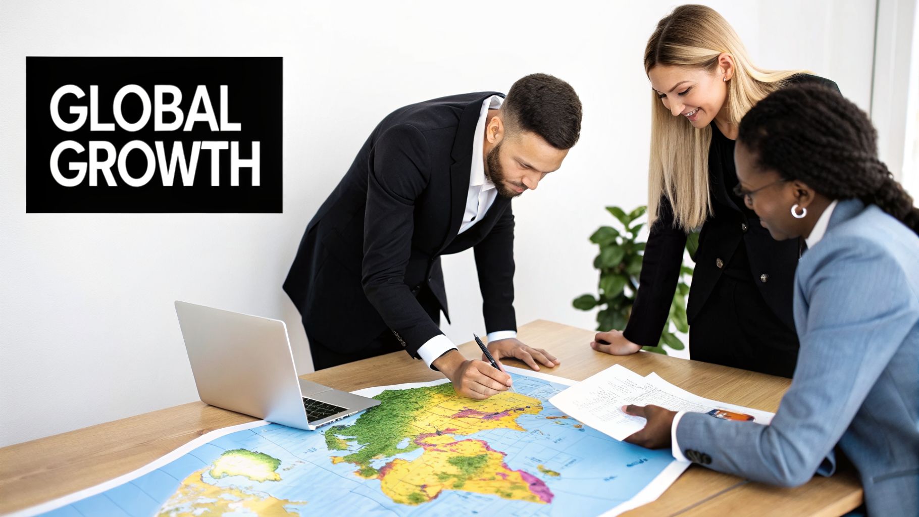 Three diverse business professionals discuss global strategy, pointing at a world map on a table.