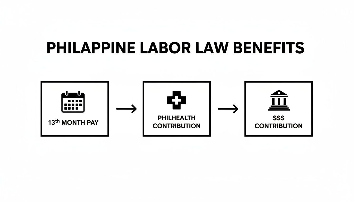 Philippine labor law benefits flowchart showing 13th Month Pay, Philhealth, and SSS contributions.