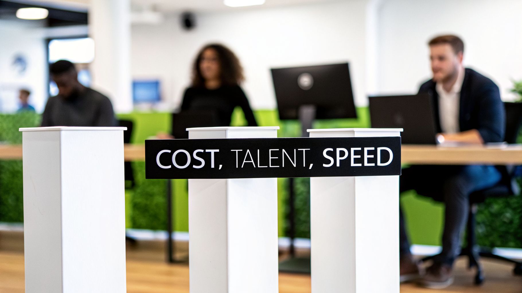A black sign displaying 'COST, TALENT, SPEED' in a modern office with people working.