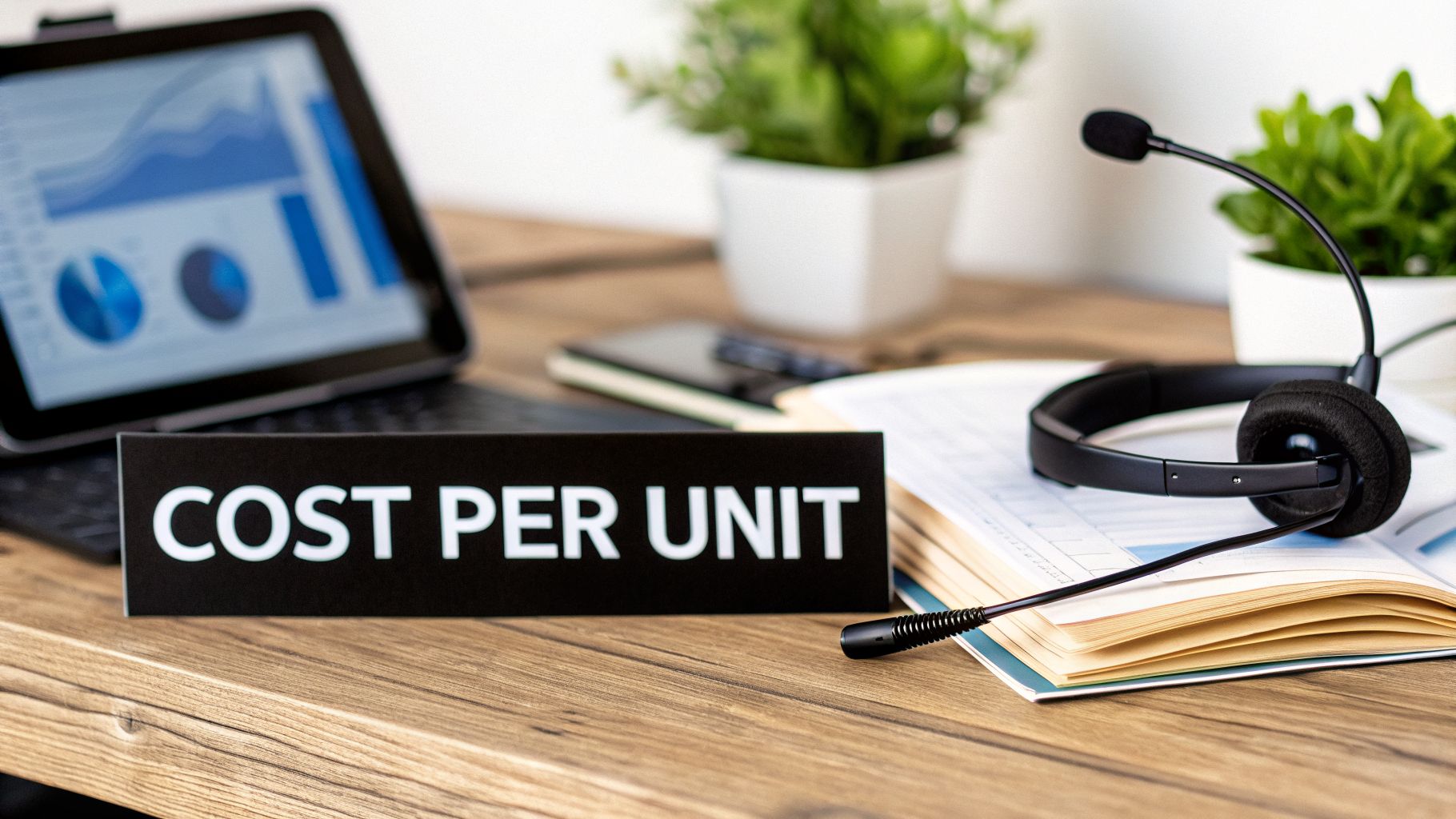 Office desk with a 'COST PER UNIT' sign, a laptop showing financial graphs, and a headset.