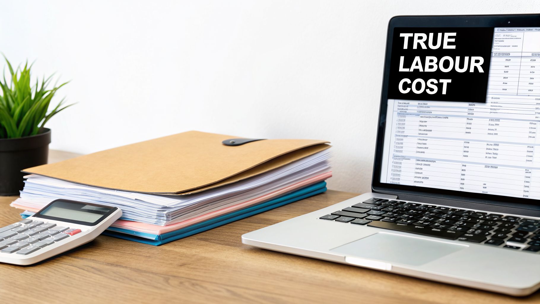 A laptop displays 'TRUE LABOUR COST' next to a calculator and financial documents on a wooden desk.