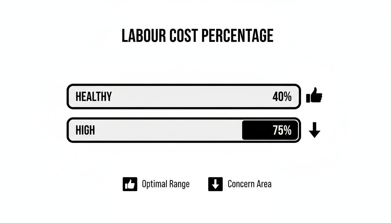 Infographic displaying labour cost percentages, showing a healthy 40% optimal range and a high 75% concern area.
