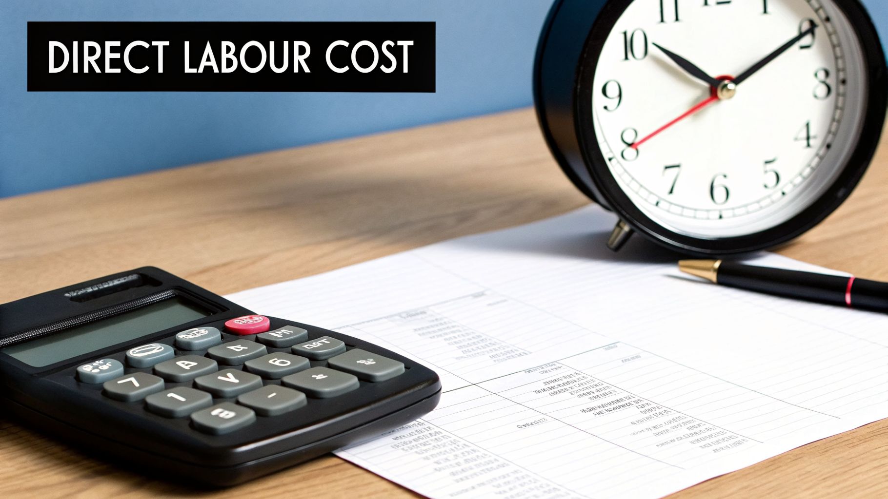 A calculator, pen, paper, and alarm clock on a desk with 'DIRECT LABOUR COST' text.