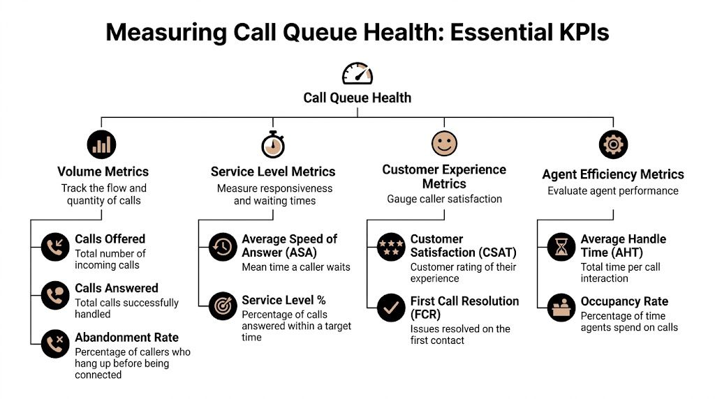 An infographic titled Measuring Call Queue Health outlining essential KPIs like volume, service level, customer experience, and efficiency.