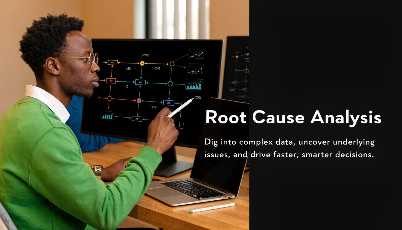 A professional man analyzing complex data charts and diagrams on a computer monitor in an office.