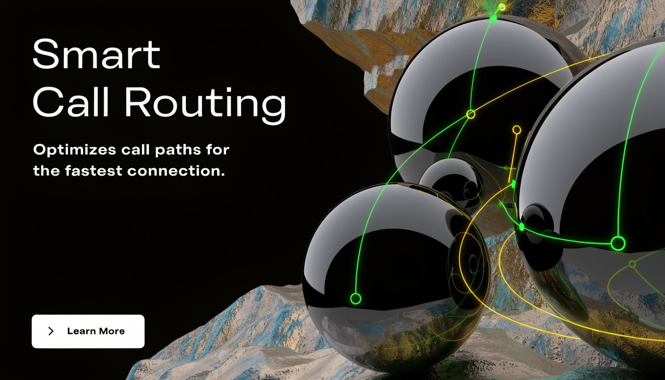 A 3D graphic showing metallic spheres and network connection lines representing smart call routing technology for fast connections.