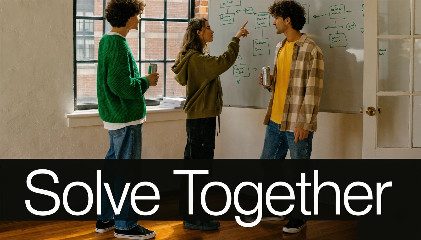 Three young adults brainstorming ideas on a whiteboard while standing together in a bright office space.