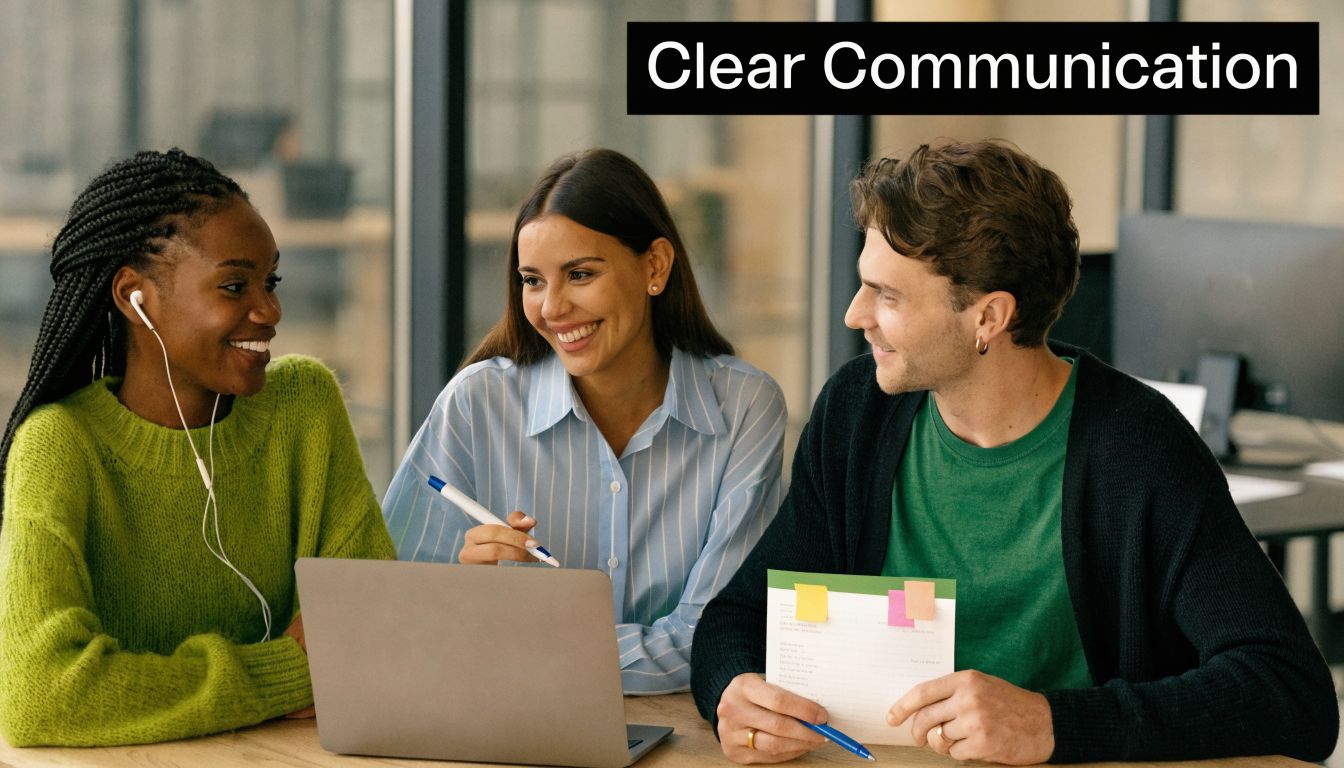 Three diverse colleagues collaborating at a desk, sharing ideas while working together on a laptop and documents.