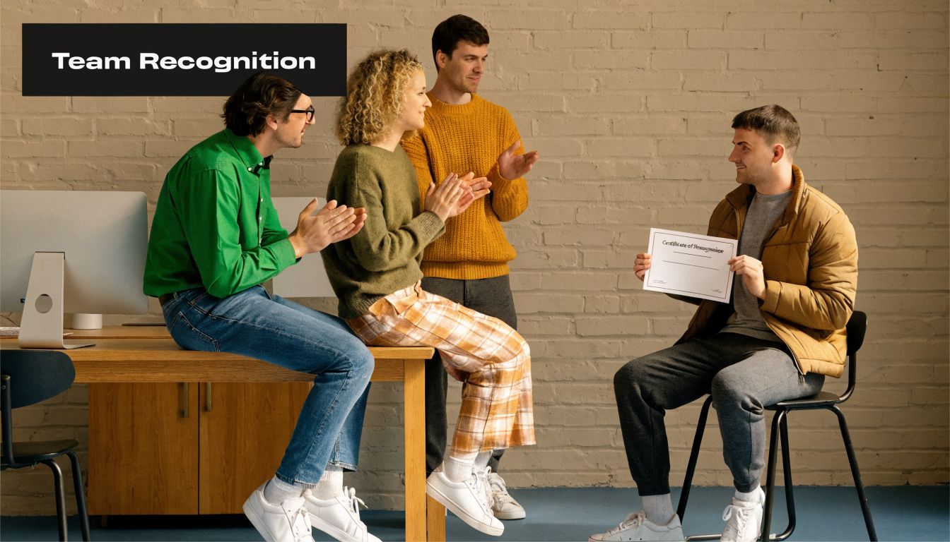 A diverse team of colleagues celebrating and clapping for a coworker holding a certificate of recognition in office.