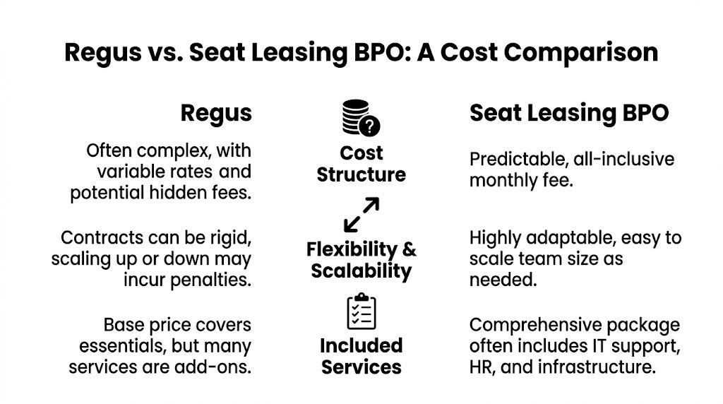 A comparison chart showing differences in cost, flexibility, and services between Regus and Seat Leasing BPO providers.