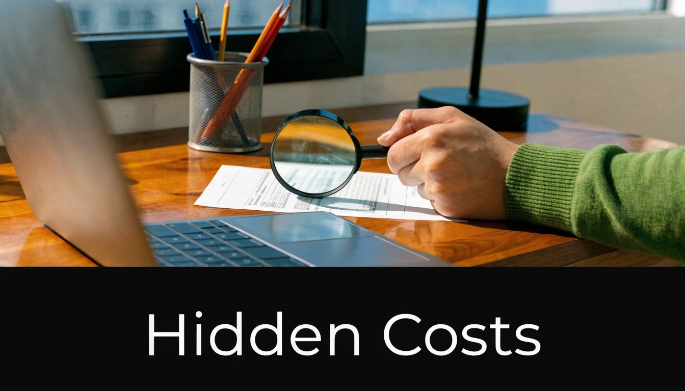 A person examining a document with a magnifying glass while sitting at a desk with a laptop.