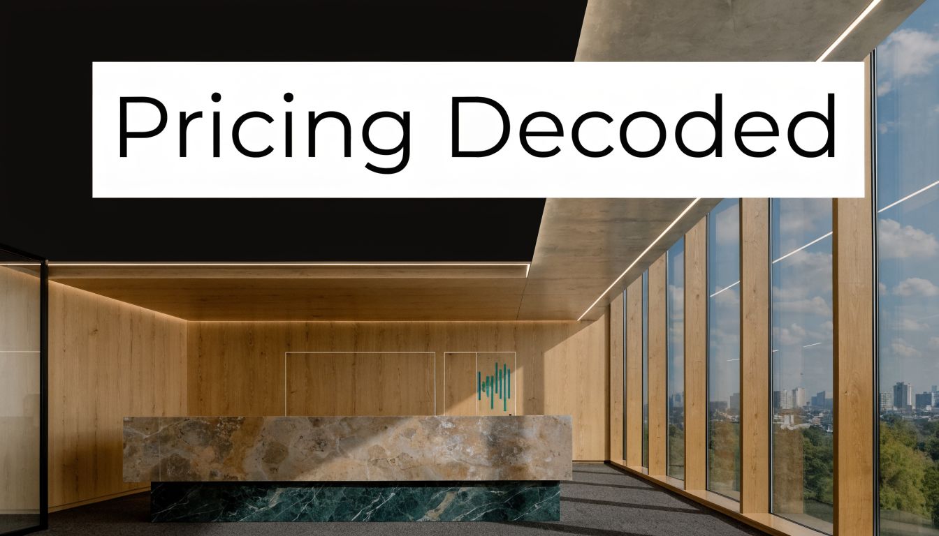 A luxurious modern reception area featuring a marble desk and large glass windows overlooking a city.