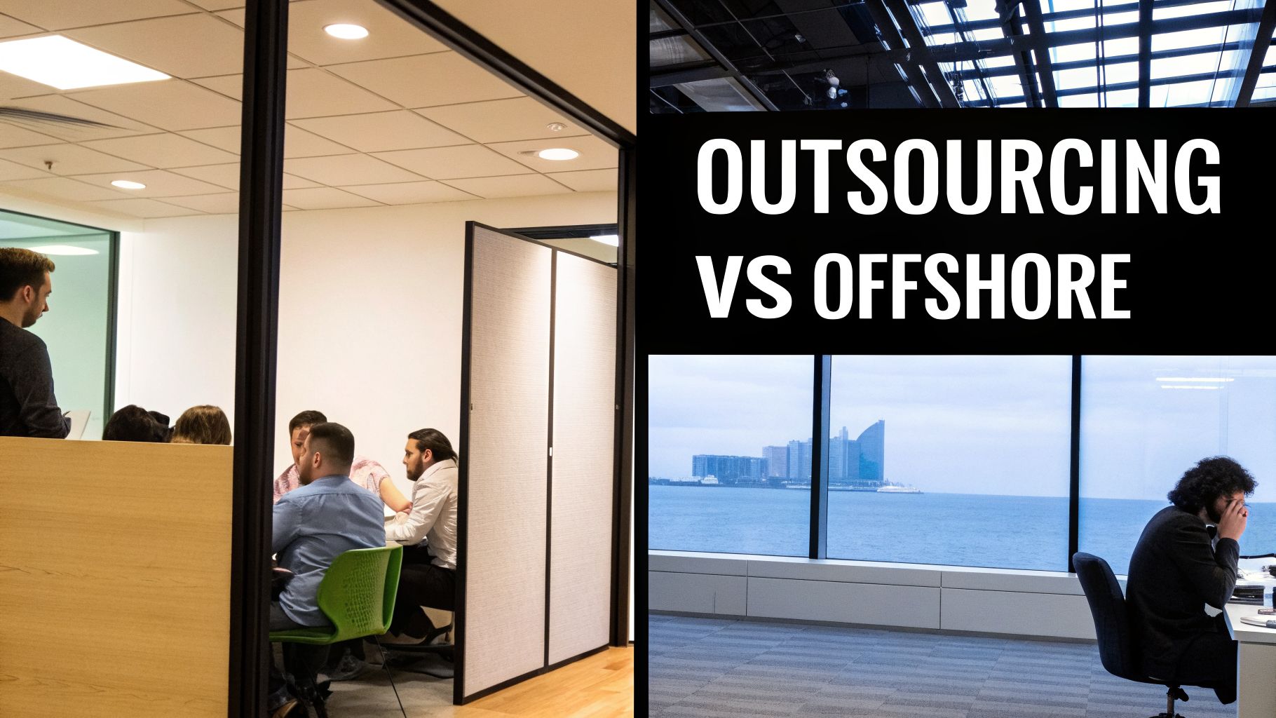 A visual comparison of outsourcing (active office) and offshore (solitary worker with sea view).