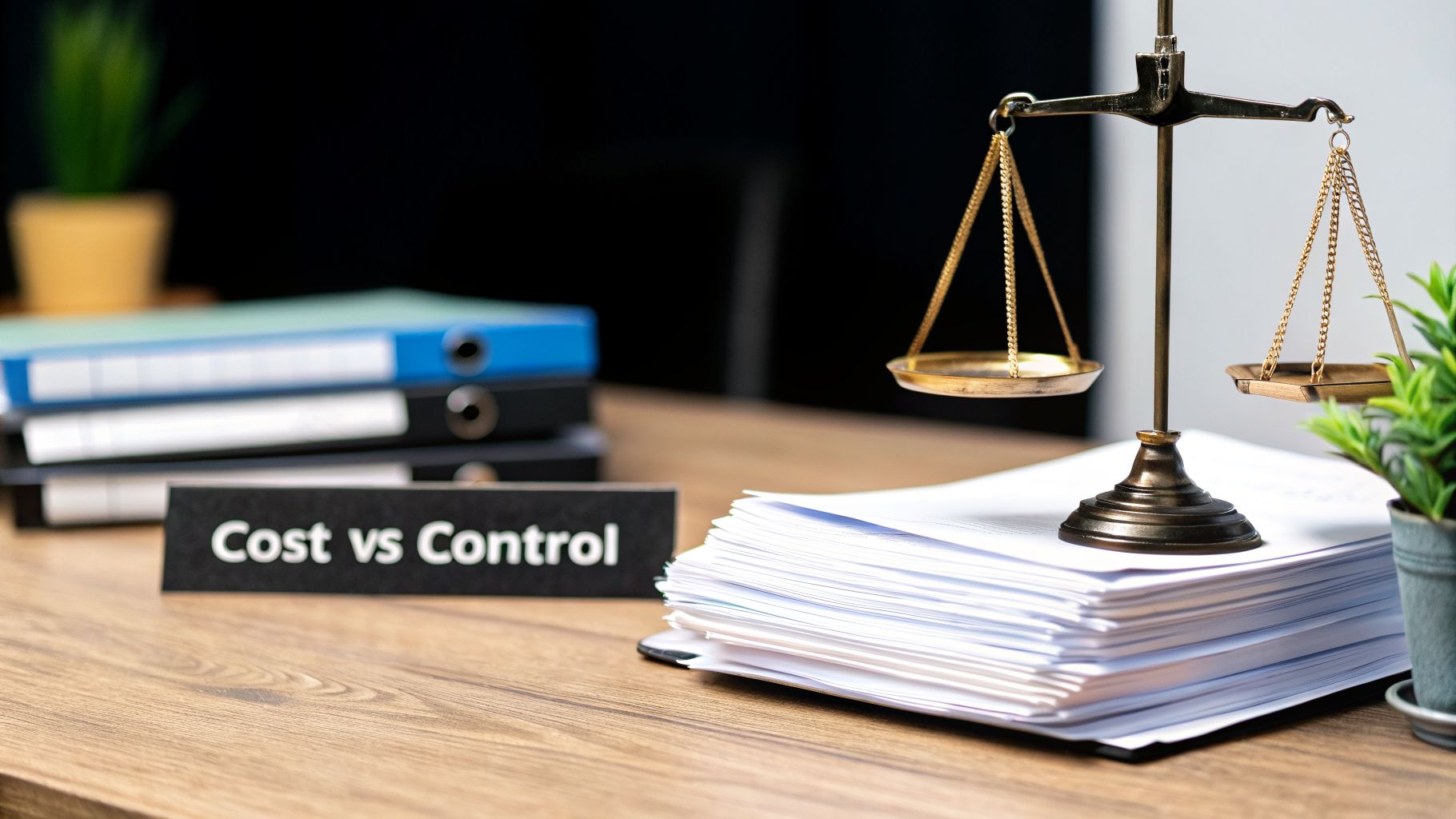 A brass scale of justice balancing on a stack of documents with a 'Cost vs Control' sign on a wooden desk.