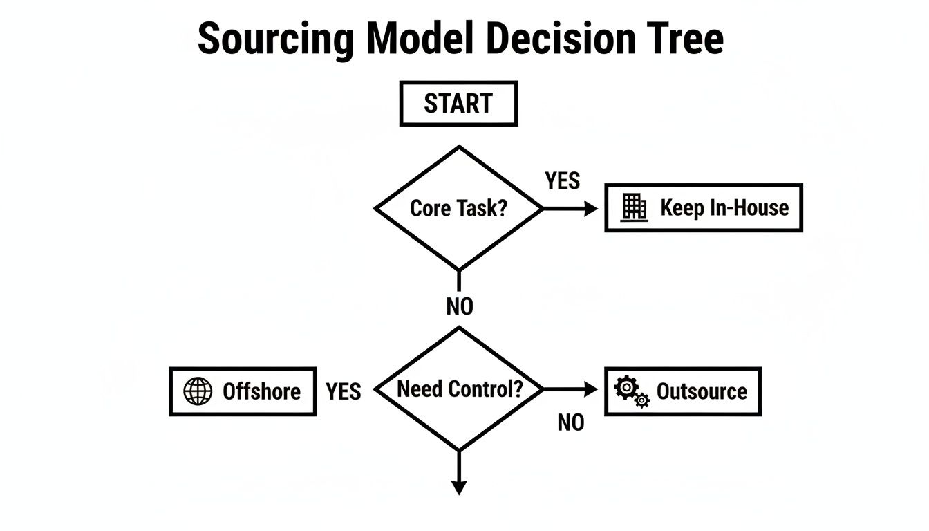 A decision tree flowchart for sourcing models, guiding choices like in-house, offshore, or outsourcing.