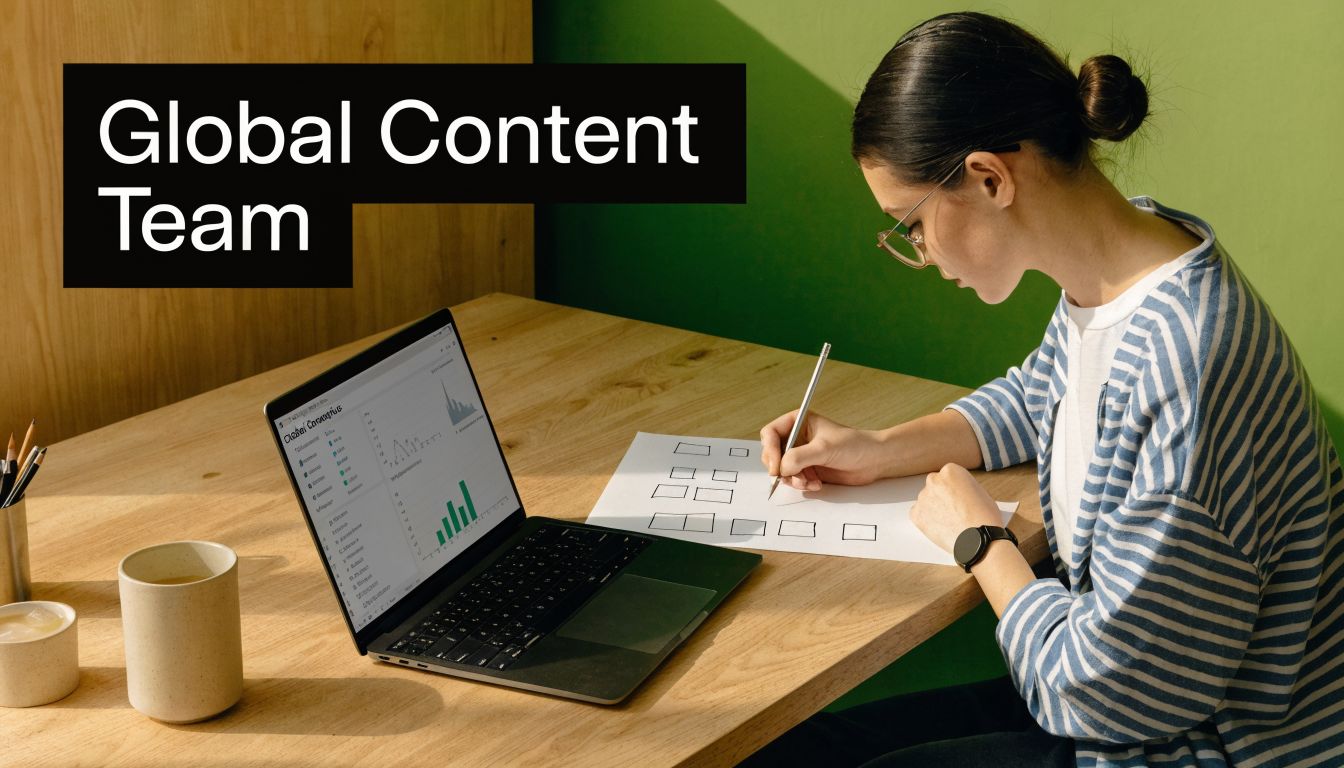 A professional woman working at a wooden desk with a laptop and paper, brainstorming content strategies.