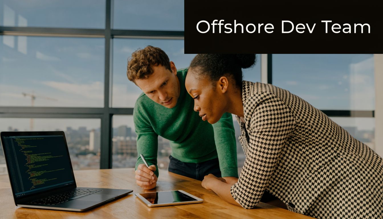 A professional man and woman working together on code development projects in a bright modern office.