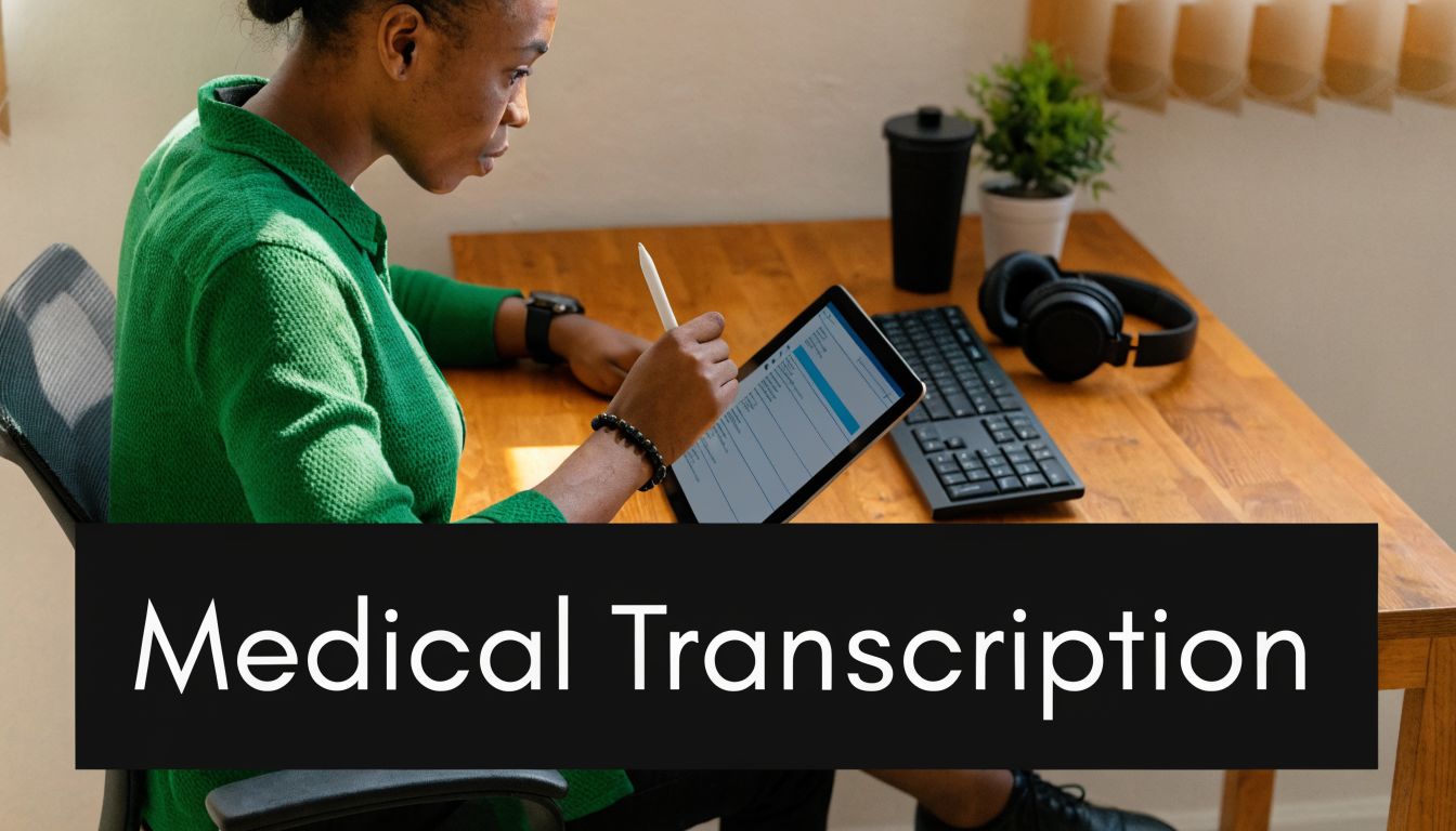 A professional woman in a green shirt transcribing medical documents on a tablet in an office setting.