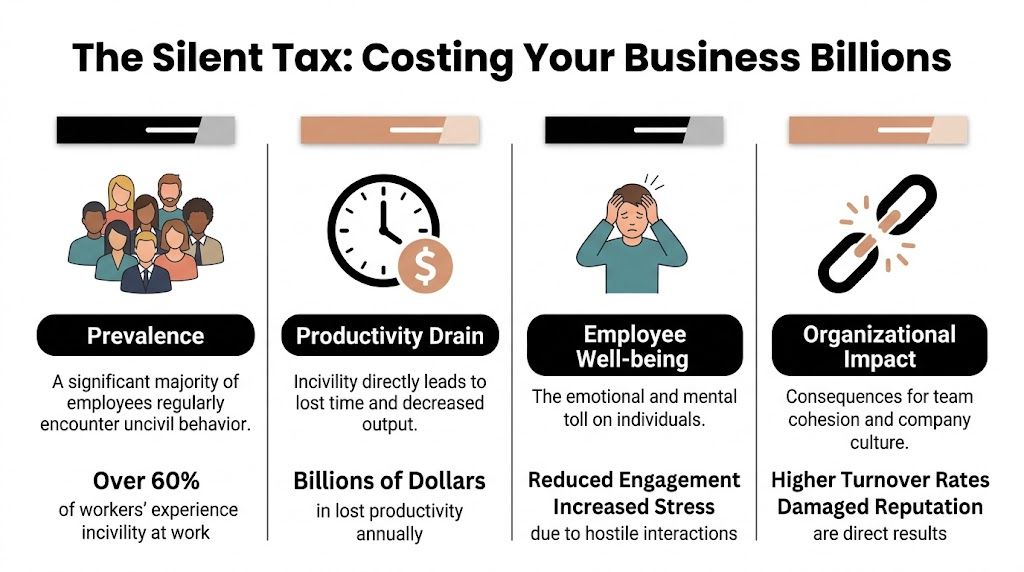 An infographic titled The Silent Tax showing how workplace incivility impacts productivity, employee well-being, and company culture.