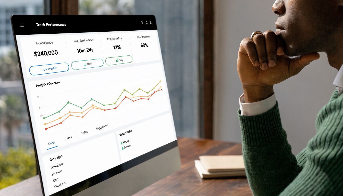 A professional man looking thoughtfully at a computer monitor displaying website analytics performance metrics and charts.