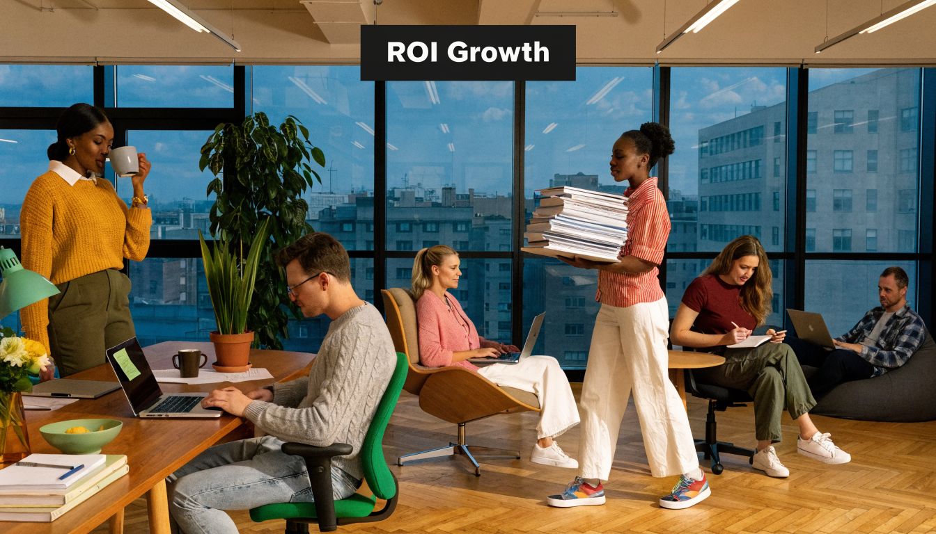 A group of diverse professionals working together in a modern, sunlit office with floor-to-ceiling city windows.