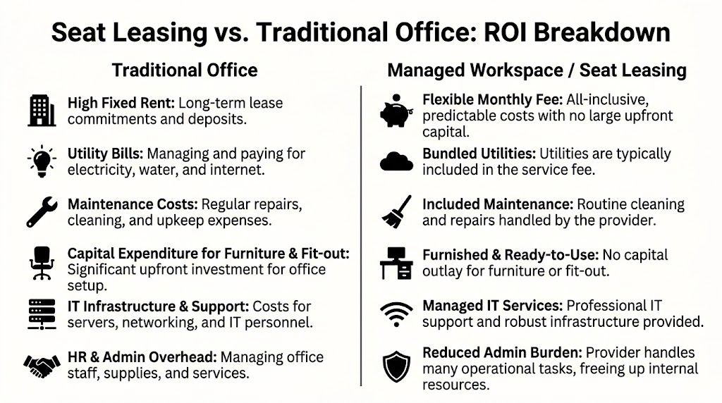 A comparison chart showing the ROI benefits of managed seat leasing versus a traditional office space setup.