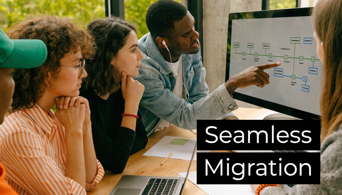 A diverse group of professional colleagues collaborating on a digital migration project at an office meeting.