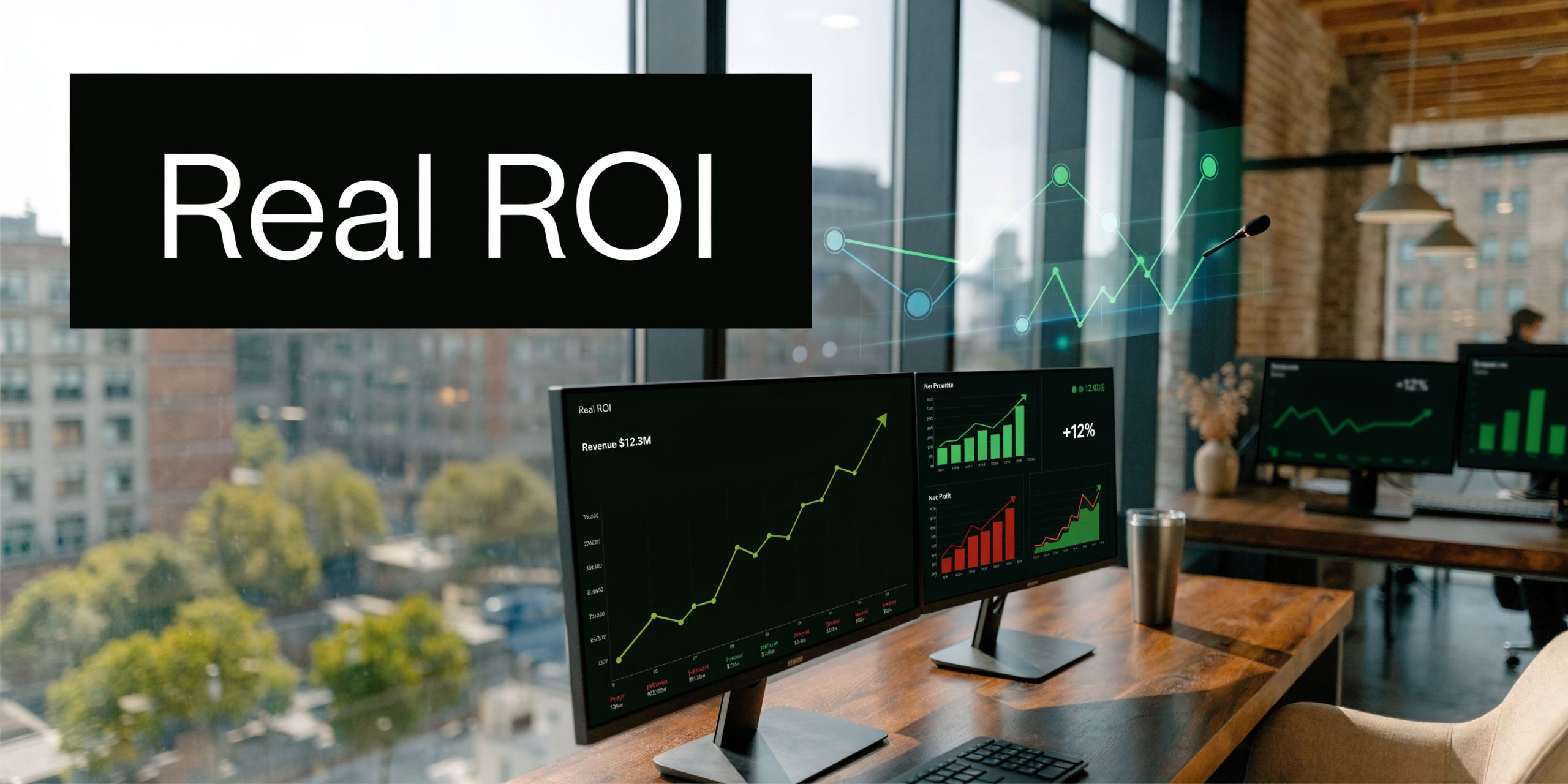 A modern office workspace featuring multiple computer screens displaying business growth charts and financial performance data analytics.