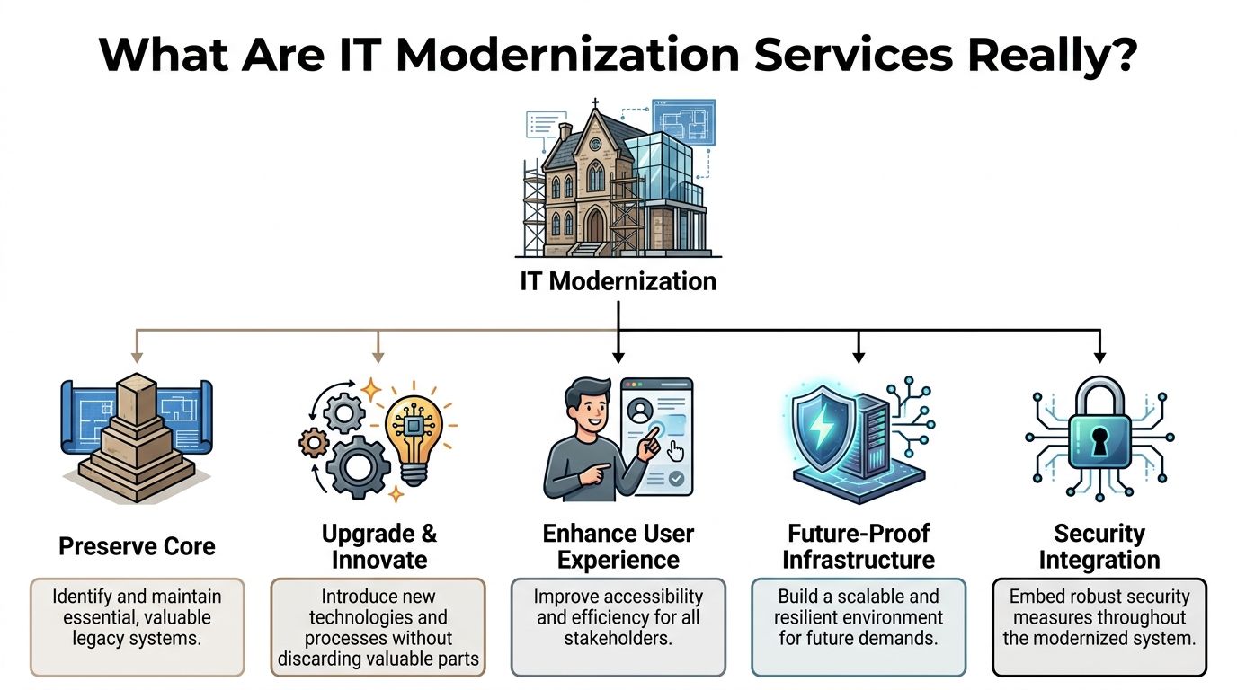 A diagram illustrating the five key components of IT modernization services with descriptive icons and text.