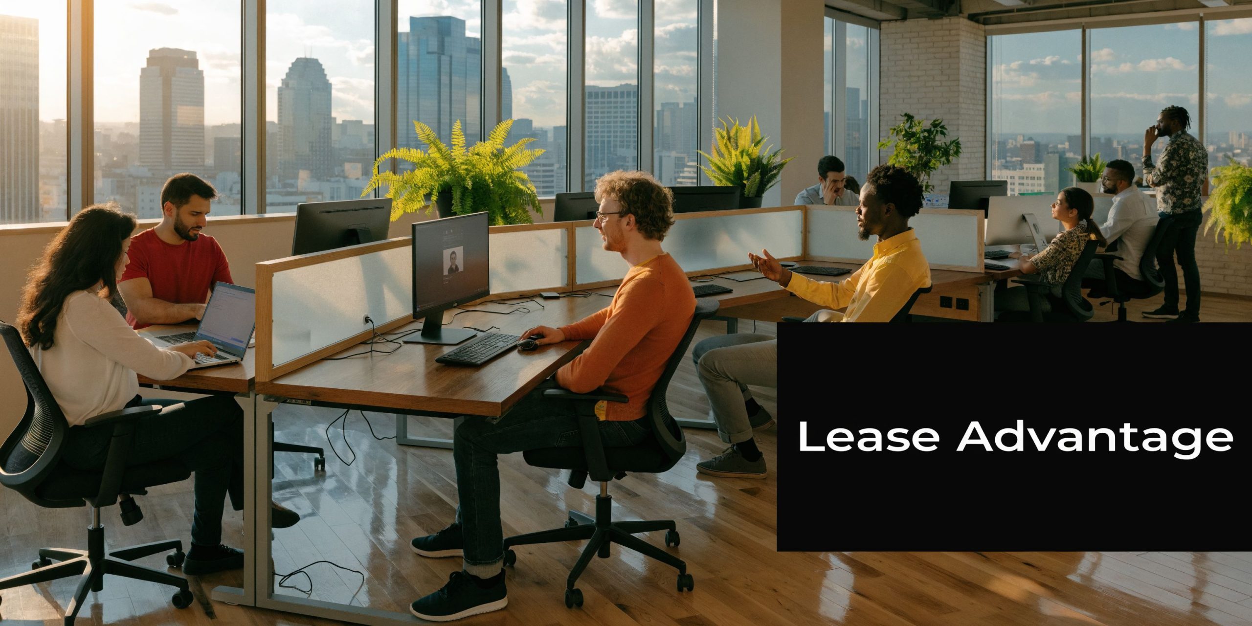A professional office environment featuring diverse employees working at desks in front of a city skyline.