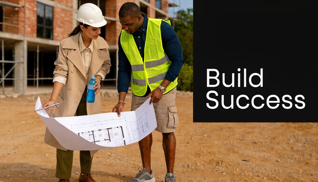 A professional construction project manager and engineer reviewing building plans on a sunny construction site.