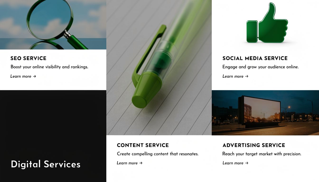 A grid of digital marketing service options including SEO, social media, content creation, and professional advertising services.