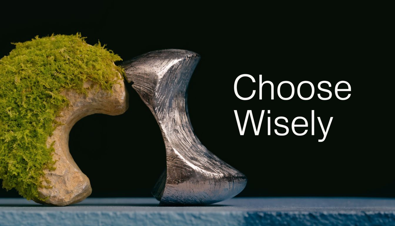 A moss-covered rock and a metallic object placed together on a table against a black background.