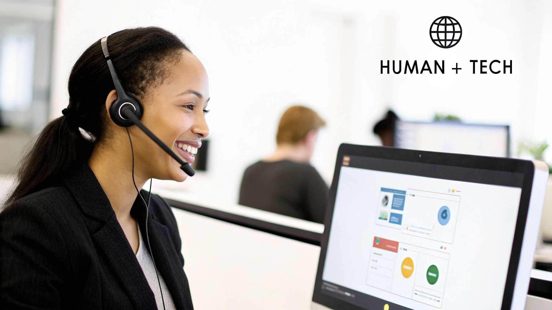 Smiling woman in a headset working at a computer in a modern call center office.