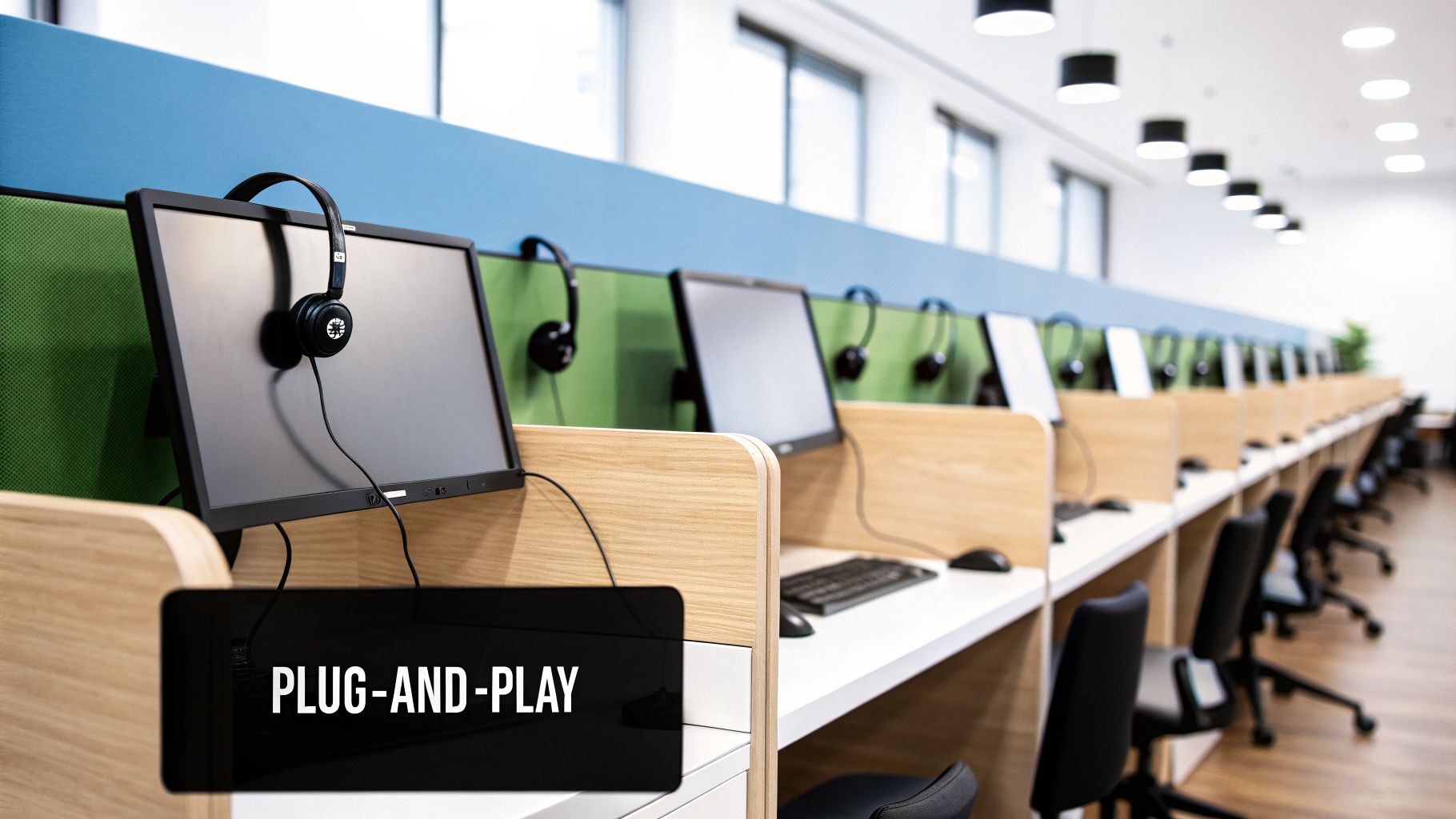 A long row of modern call center workstations, each with a computer monitor and headphones.