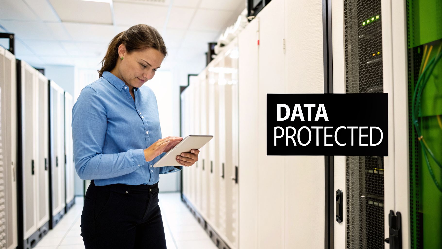A woman checks a tablet in a data center with server racks and a 'DATA PROTECTED' sign.