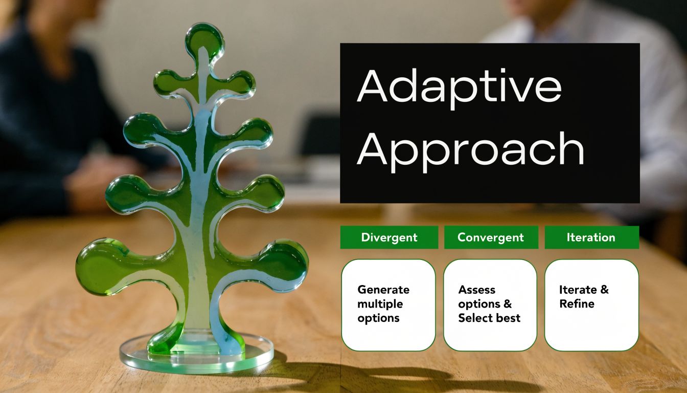 A glass tree sculpture next to a chart illustrating the adaptive approach with divergent, convergent, and iteration steps.