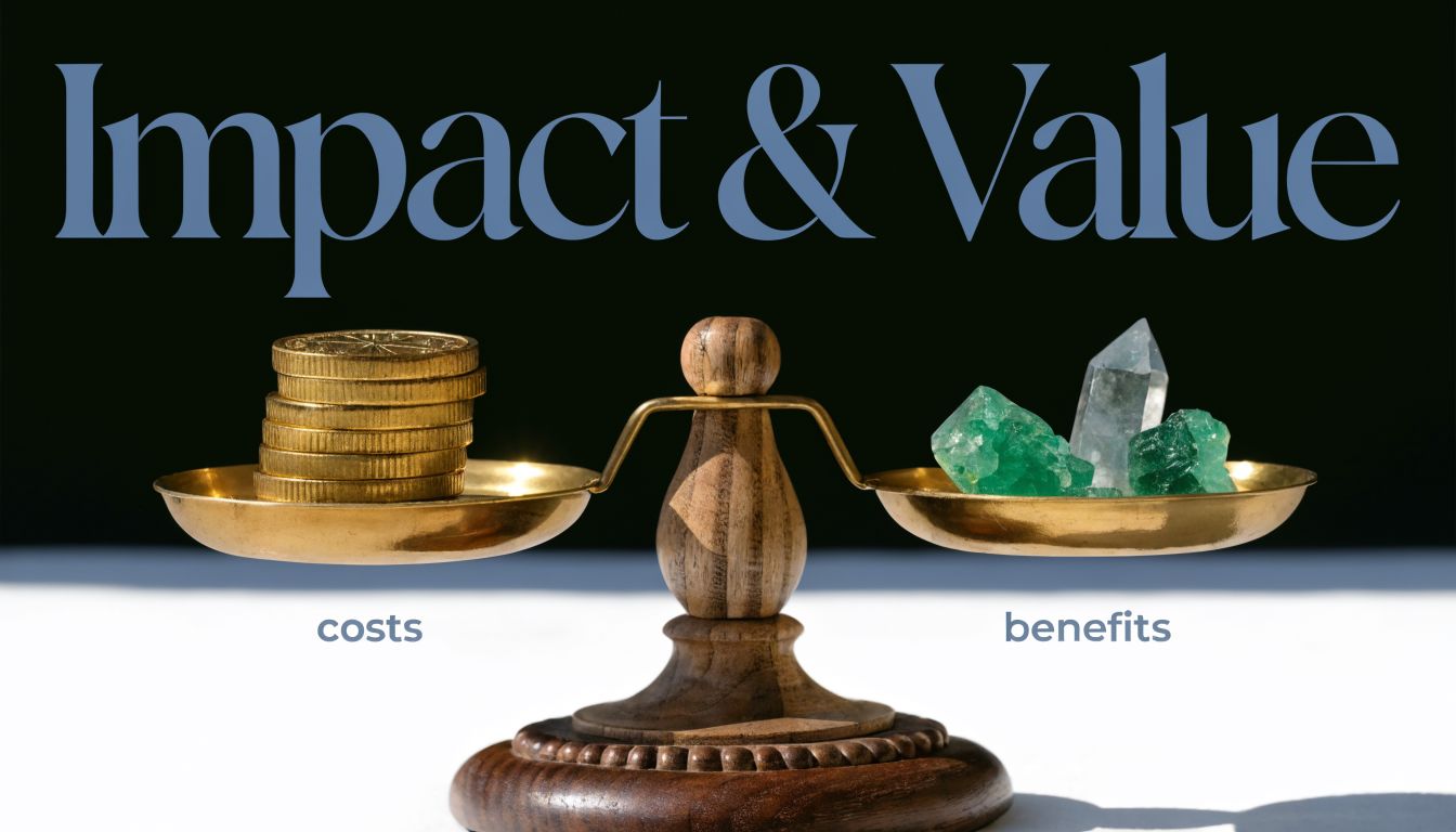 A vintage wooden balance scale weighing a stack of gold coins against various green and clear crystals.