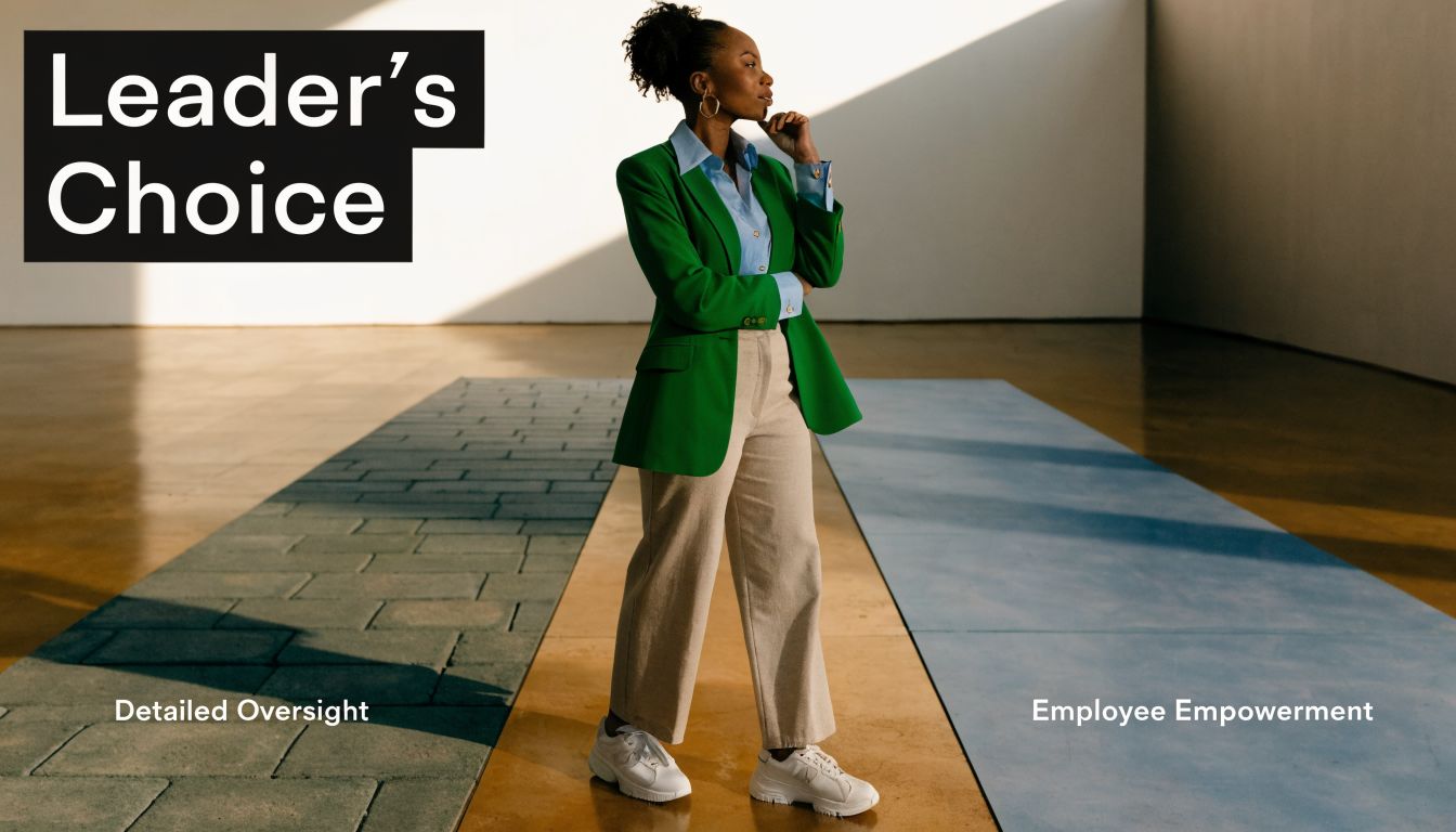 A businesswoman standing between two paths labeled as detailed oversight and employee empowerment, representing management decision choices.